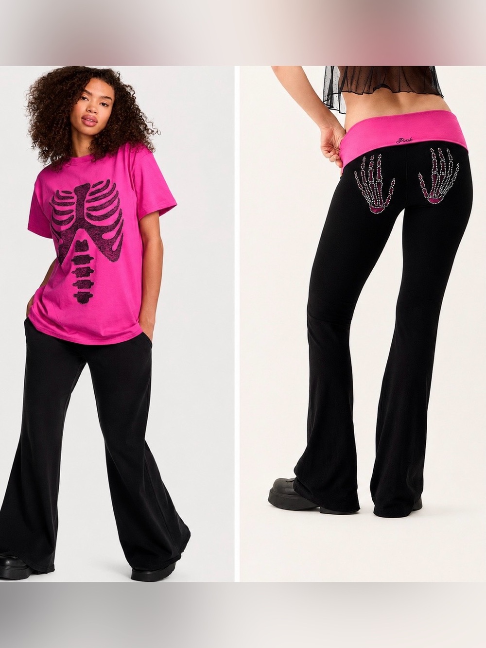VS PINK Foldover Flare Leggings Rhinestone Skeleton Hands Halloween Tee Set L